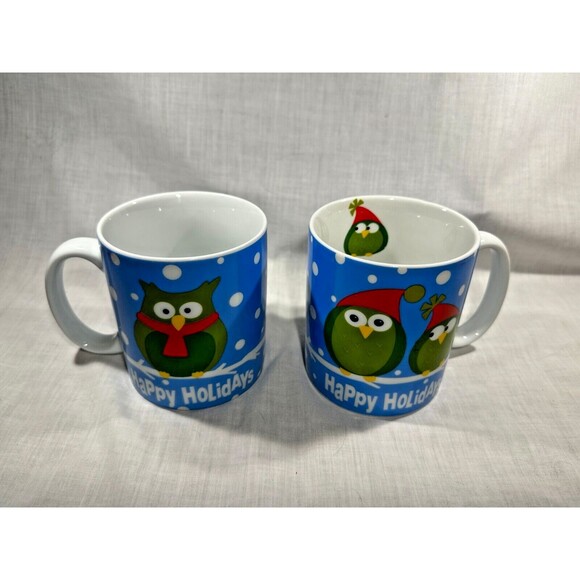 SET OF 2 Pier 1 One Imports Mugs- Happy Holidays Christmas Santa Owls Coffee Tea - Picture 4 of 7